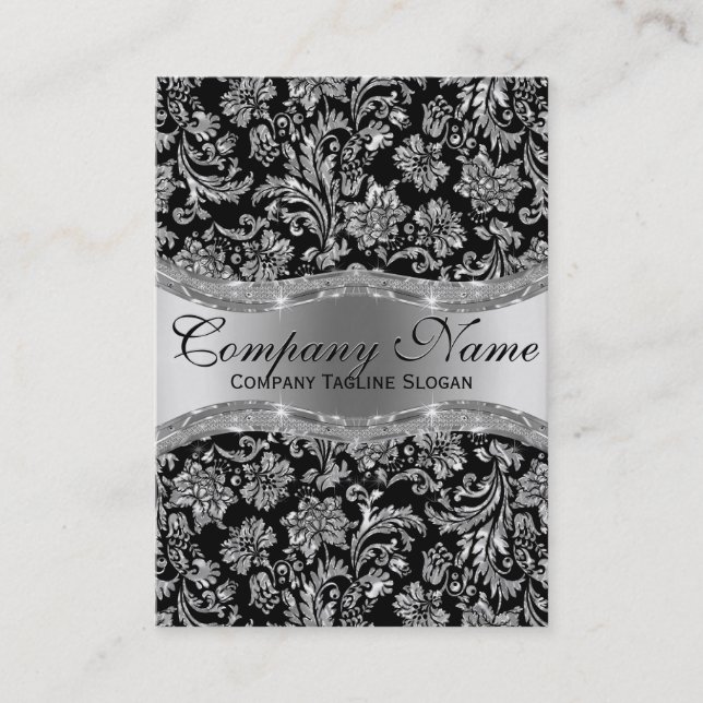 Elegant Black & Metallic Silver Floral Damasks Business Card (Front)