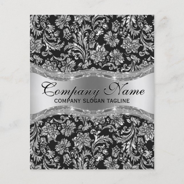 Elegant Black & Metallic Silver Floral Damasks Flyer (Back)