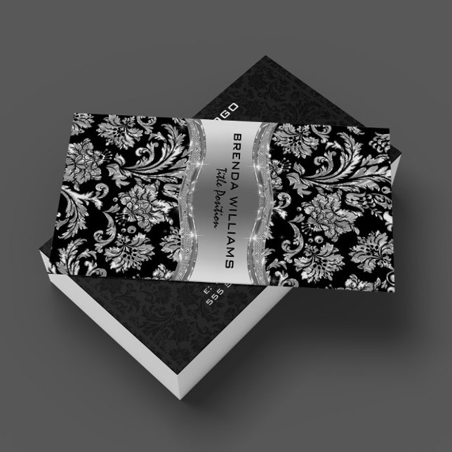 Elegant Black & Metallic Silver Vintage Damasks Business Card (Creator Uploaded)