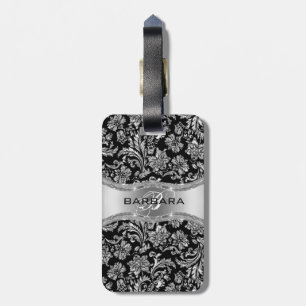 Elegant Black & Metallic Silver Vintage Damasks Luggage Tag
