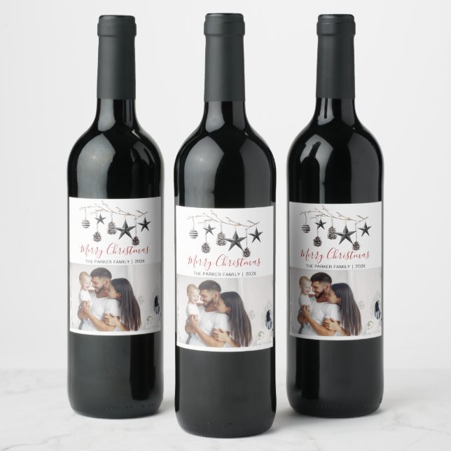 Elegant black minimal Christmas photo Wine Label (Bottles)