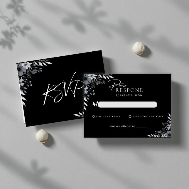 Elegant Black Minimalist Floral Wedding RSVP Card (Elegant Black Minimalist Floral Wedding RSVP Note Card)