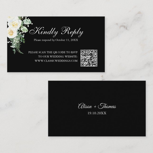 Elegant Black Minimalist Floral Wedding RSVP QR Enclosure Card (Front/Back)