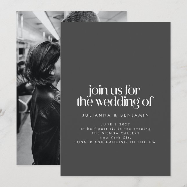 Elegant Black Minimalist Modern Photo Wedding Invitation (Front/Back)