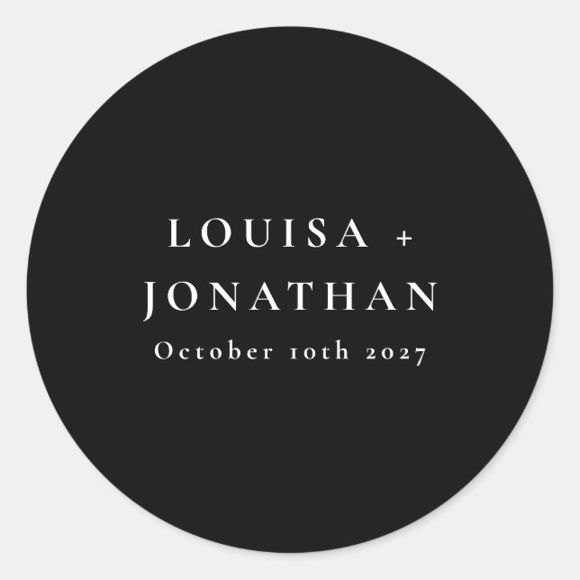 Elegant Black Minimalist Personalised Wedding Classic Round Sticker (Front)