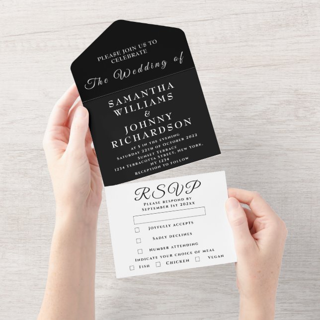 Elegant Black Minimalist Script Unique Wedding  Al All In One Invitation (Tearaway)