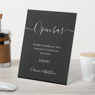 Elegant Black Minimalist Wedding Open Bar Pedestal Sign