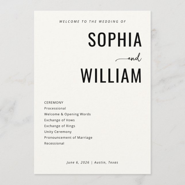 Elegant Black Minimalist Wedding Programme (Front)