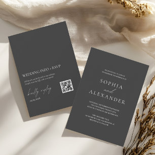 Elegant Black Minimalist Wedding with RSVP QR Code Invitation
