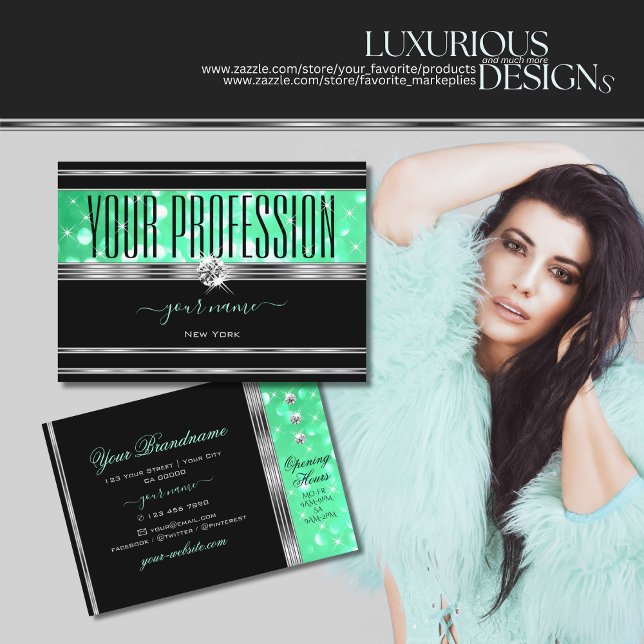 Elegant Black Mint Green Glitter Diamonds Silver Business Card (Creator Uploaded)