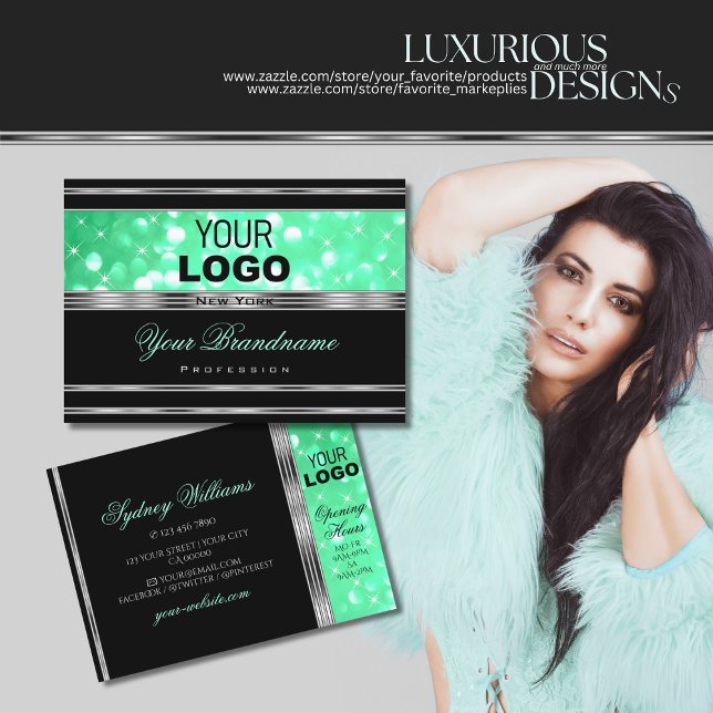 Elegant Black Mint Green Glitter Stars Logo Silver Business Card (Creator Uploaded)