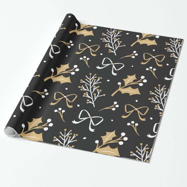 Elegant Black Mistletoe & Ribbon Christmas Pattern Wrapping Paper (Unrolled)