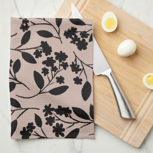 Elegant Black Modern Botanical Pattern Dusty Pink Tea Towel (Quarter Fold)