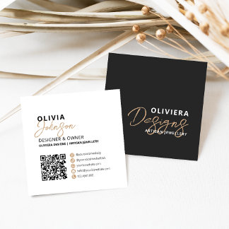 Elegant Black Modern Calligraphy Script QR Code Square Business Card