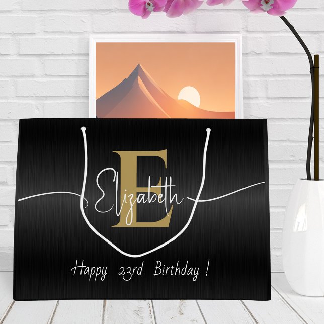 Elegant Black Modern Gold Monogrammed Script Name Large Gift Bag (Creator Uploaded)