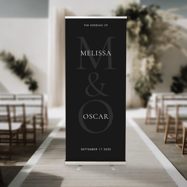 Elegant Black Modern Monogram Wedding Retractable Banner (Creator Uploaded)