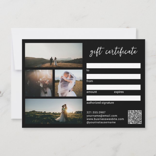 Elegant Black Modern Photography Gift Certificate (Back)