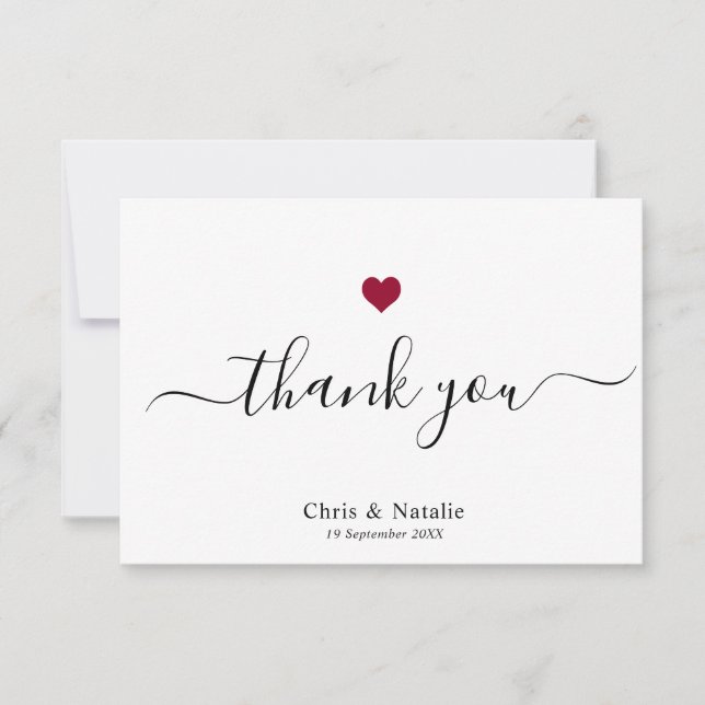 Elegant Black Modern Script Burgundy Red Heart Thank You Card (Front)