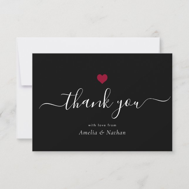 Elegant Black Modern Script Burgundy Red Heart Thank You Card (Front)