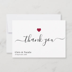 Elegant Black Modern Script Burgundy Red Heart Thank You Card