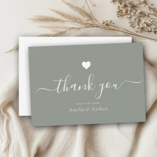 Elegant Black Modern Script Dusty Green Heart Thank You Card