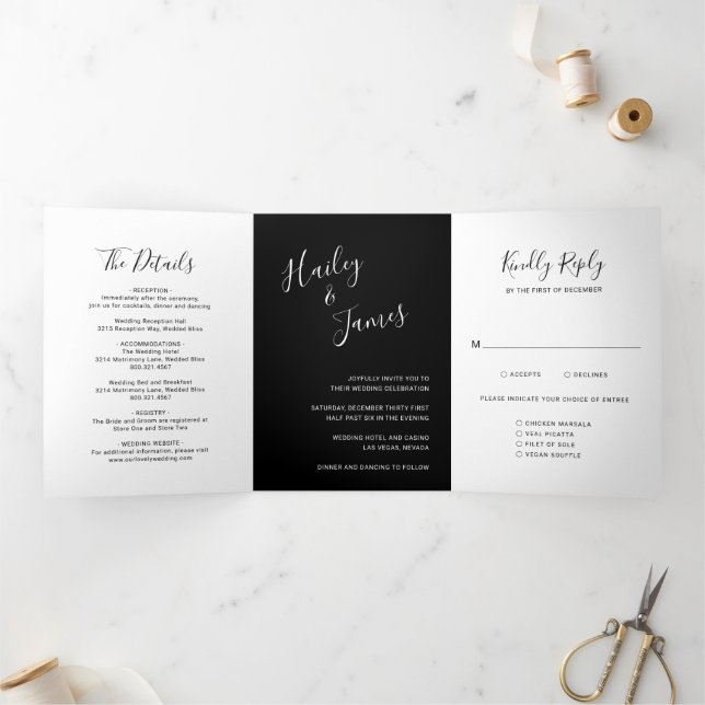 Elegant Black Modern Wedding Tri-Fold Invitation (Inside)