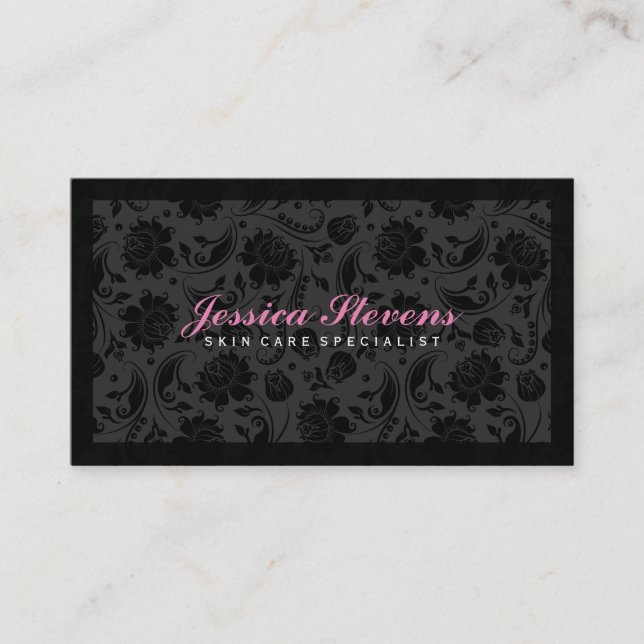 Elegant Black Monochromatic Floral Damask Business Card (Front)