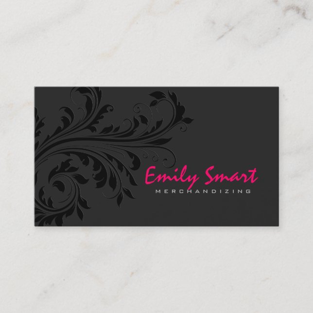 Elegant Black Monochromatic Floral Swirl Business Card (Front)