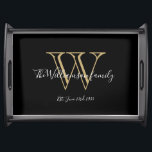 Elegant Black Monogram And Family Name Cool Chic  Serving Tray<br><div class="desc">Elegant Black Monogram And Family Name Cool Chic Serving Tray. Personalised monogram initial with the family's last name and date established in script lettering on a black background. Makes a unique cute Holiday gift or a housewarming gift. Click personalise this template to customise it quickly and easily. Ships Worldwide fast....</div>