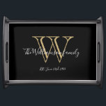 Elegant Black Monogram And Family Name Cool Chic  Serving Tray<br><div class="desc">Elegant Black Monogram And Family Name Cool Chic Serving Tray. Personalised monogram initial with the family's last name and date established in script lettering on a black background. Makes a unique cute Holiday gift or a housewarming gift. Click personalise this template to customise it quickly and easily. Ships Worldwide fast....</div>