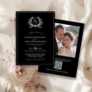 Elegant Black Monogram Crest QR Code Wedding Invitation