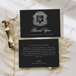 Elegant Black Monogram Crest Vintage Wedding Thank You Card
