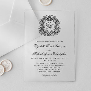 Elegant Black Monogram Crest Wedding Acrylic Invitations