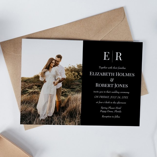 Elegant Black Monogram Custom Photo Wedding  Invitation (Elegant Black Monogram Custom Photo Wedding Invitation on boho table)