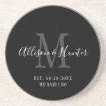 Elegant Black Monogram Established Newlyweds   Coaster<br><div class="desc">Give a perfect gift to the bride and groom with these Elegant Black Monogram Established Newlyweds coasters. This is a modern customisable design in black, white and grey. Bride and groom's first names are on the centre in modern white handwriting script lettering and initial of new last name is in...</div>
