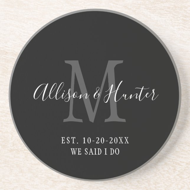 Elegant Black Monogram Established Newlyweds   Coaster (Front)