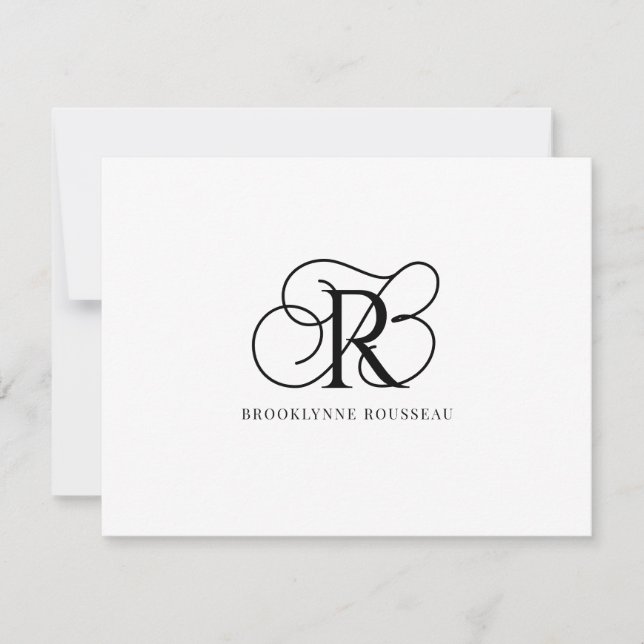 Elegant Black Monogram Flat Note Card (Front)