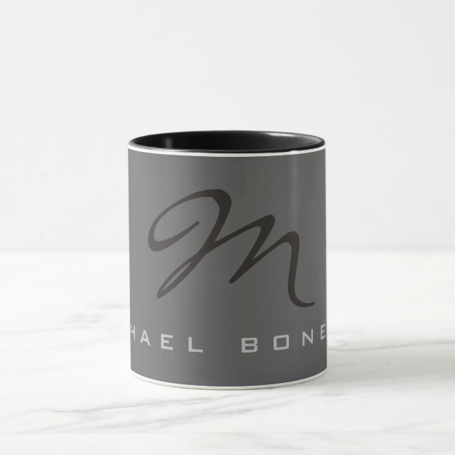 Elegant Black Monogram Grey Mug (Center)