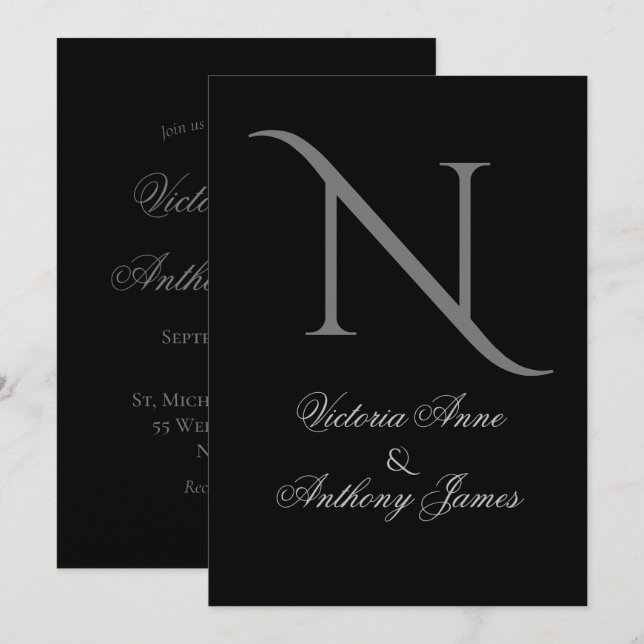Elegant Black Monogram Initial Wedding Invitation (Front/Back)