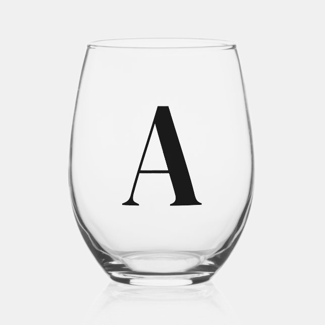 Elegant Black Monogram Initial Wine Glass (Front)