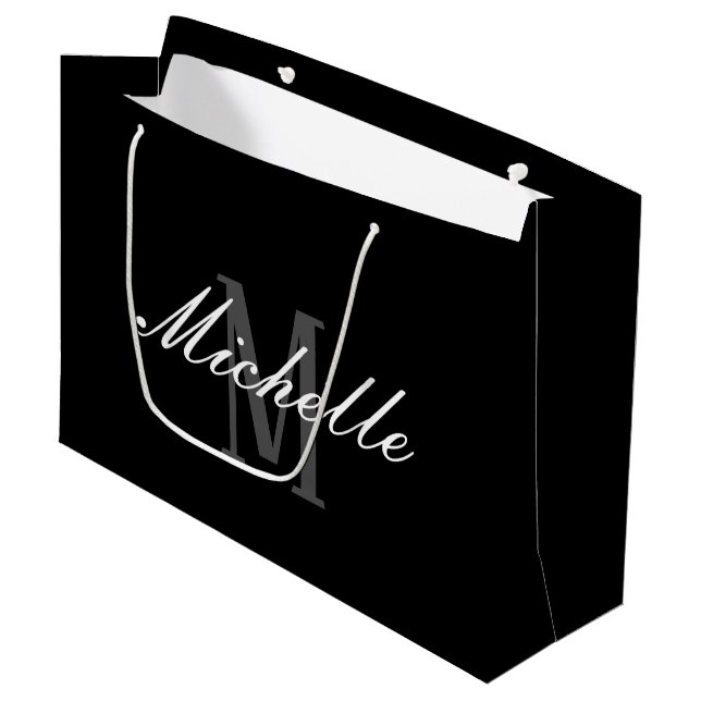 Elegant Black Monogram Large Gift Bag (Front Angled)