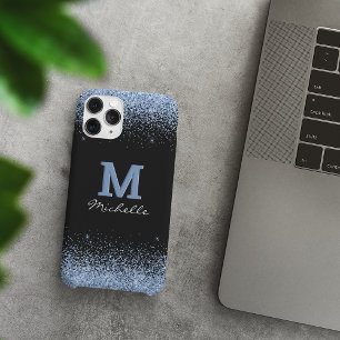 Elegant Black Monogram Light Blue Glitter iPhone 12 Case