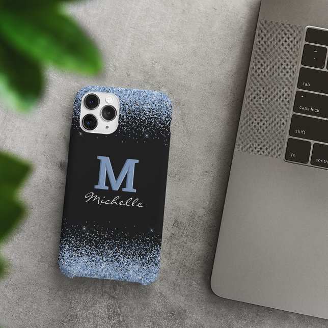 Elegant Black Monogram Light Blue Glitter iPhone Case (Creator Uploaded)