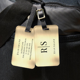 Elegant Black Monogram & Name, Brushed Gold Luggage Tag