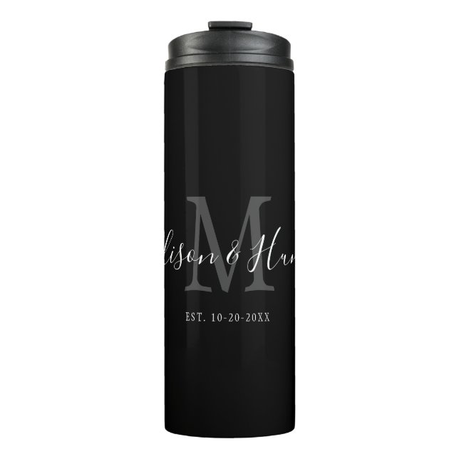 Elegant Black Monogram Newlywed Wedding Thermal Tumbler (Front)