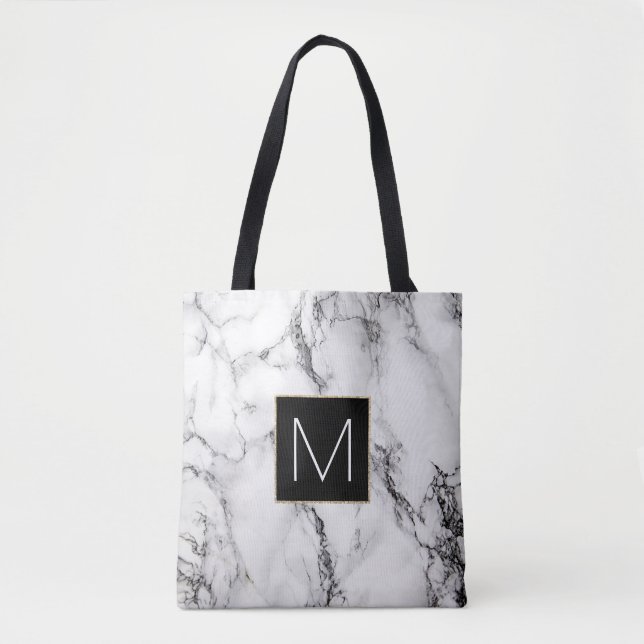 elegant black monogram on white marble stone tote bag (Front)