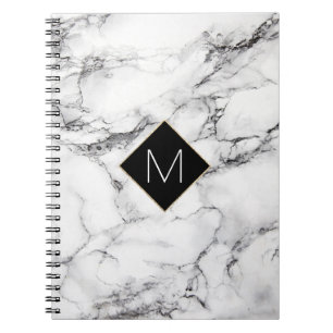 elegant black monogram on white marble texture notebook