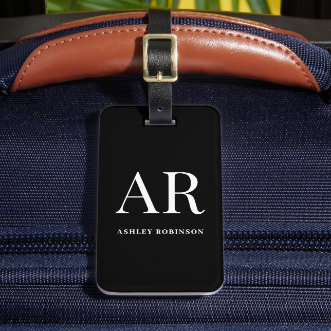 Elegant Black Monogram Personalised Name Initials  Luggage Tag (Front Insitu 2)