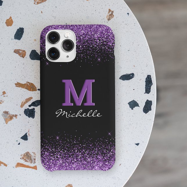 Elegant Black Monogram Purple Glitter Case-Mate iPhone Case (Creator Uploaded)