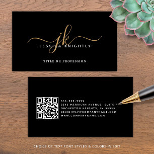 Elegant Black Monogram Script Initials QR Code Business Card